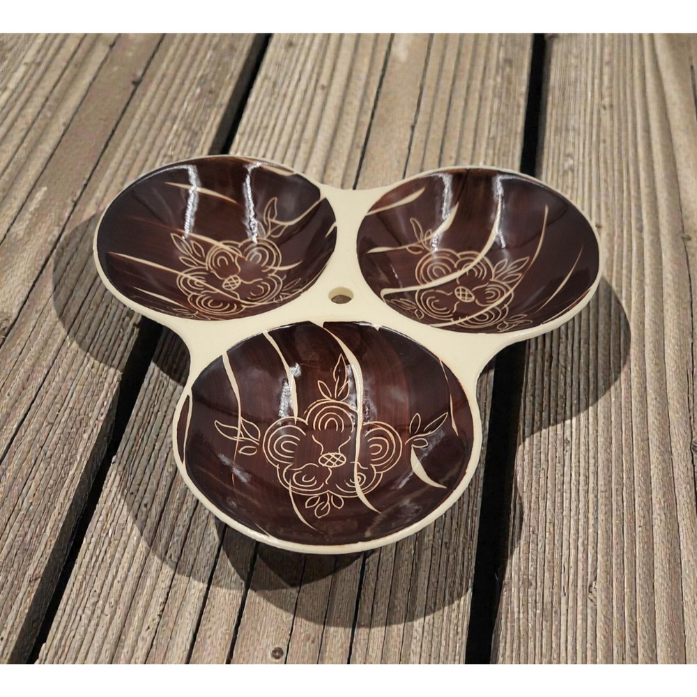 Purinton Intaglio Brown Slipware 3-Part Relish Condiment Server Tiered Stand